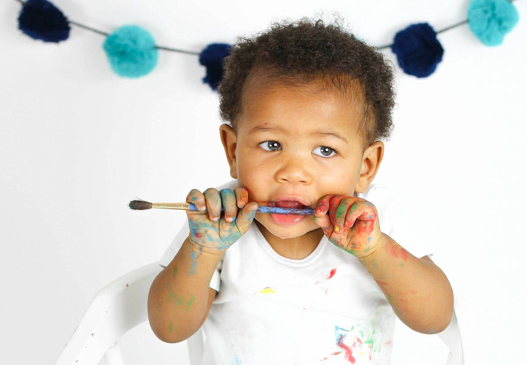 Simeon is registered to the contest to win money with this photo: brush, cheek, child, ear, happy, mouth, neck, organ, party_supply, person, play, smile, toddler, tooth, tooth_brushing, toothbrush