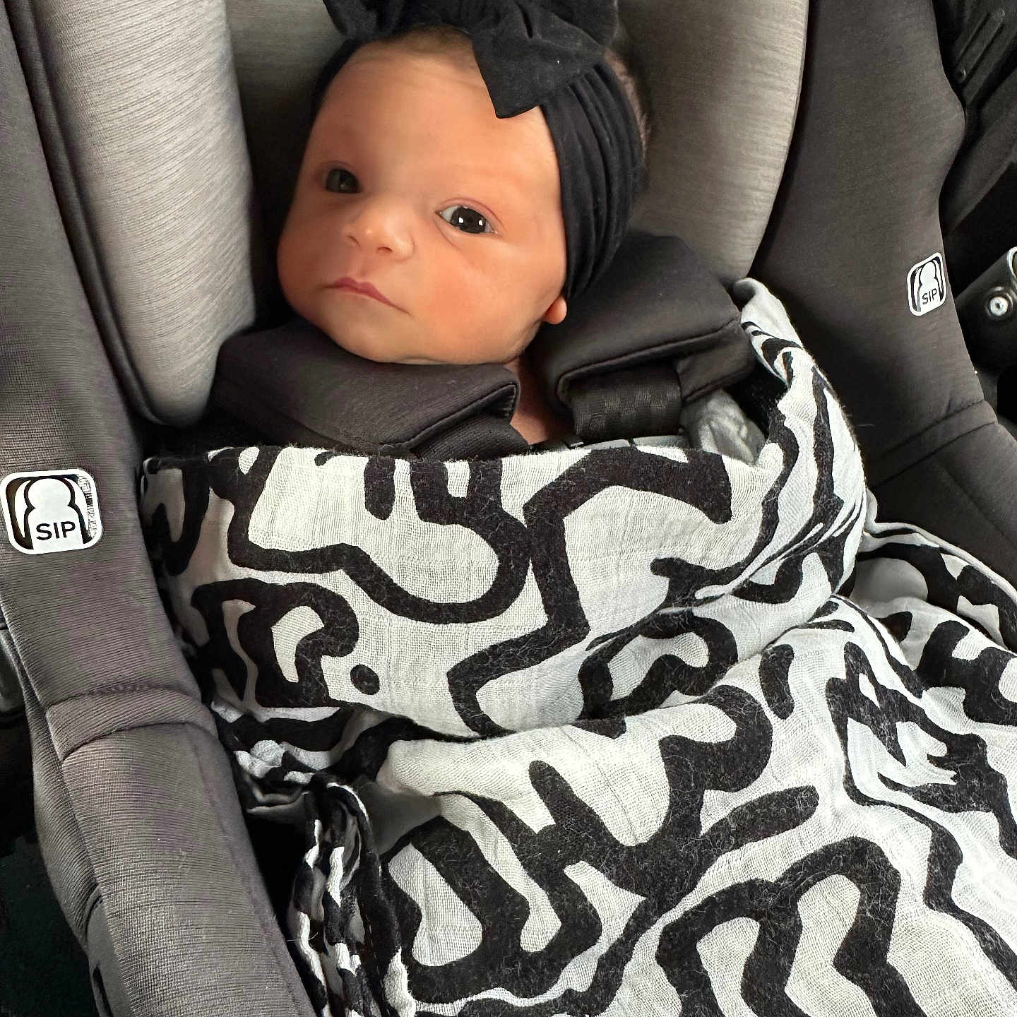 Trea joined the competition — help win amazing prizes! baby, black_and_white, blanket, car_seat, child, comfort, cute, face, headband, indoors, infant, looking, newborn, pattern, person, portrait, seatbelt, soft_fabric, wrapped, young_child