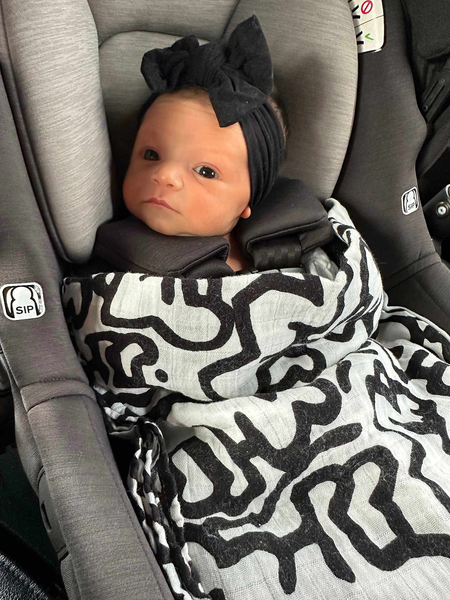 Trea joined the competition — help win amazing prizes! baby, infant, car_seat, blanket, headband, black_and_white, pattern, child, seatbelt, cute, portrait, indoors, wrapped, young_child, newborn, person, face, looking, comfort, soft_fabric