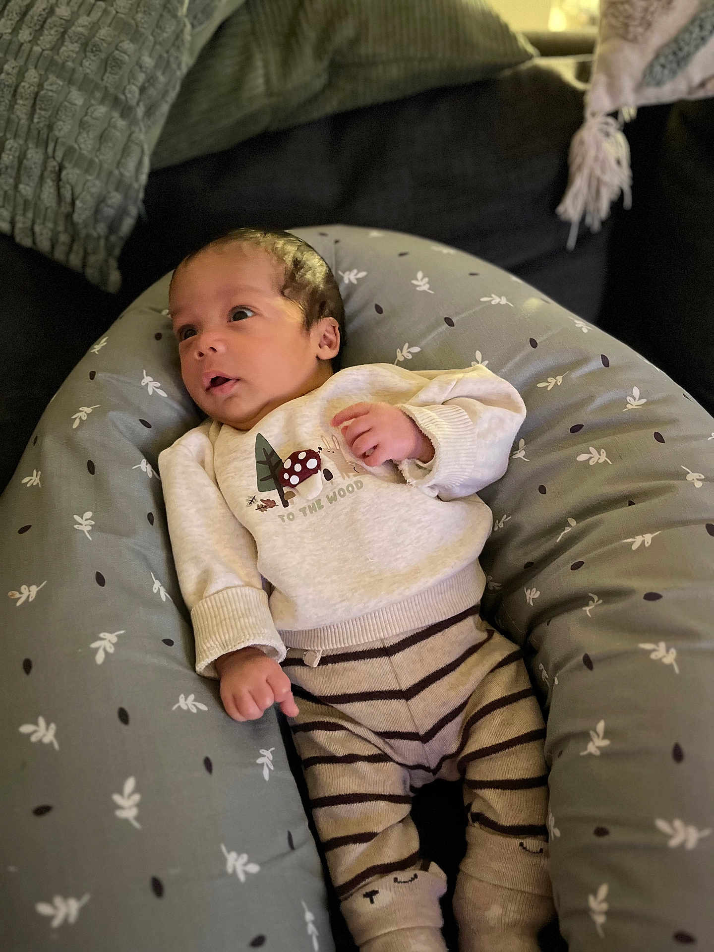 Marley Bourani a rejoint le concours — aidez-le/la à gagner de superbes lots ! baby, blanket, clothing, cozy, curious, cushion, cute, face, indoor, infant, newborn, patterned_fabric, person, relaxed, resting, small_hands, soft_furnishing, striped_pants, sweater, young_child