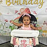 baby, child, birthday, high_chair, pink_dress, crown, smiling, decorations, banner, tassels, flowers, butterflies, celebration, first_birthday, indoor, person, happy, event, party, cute
