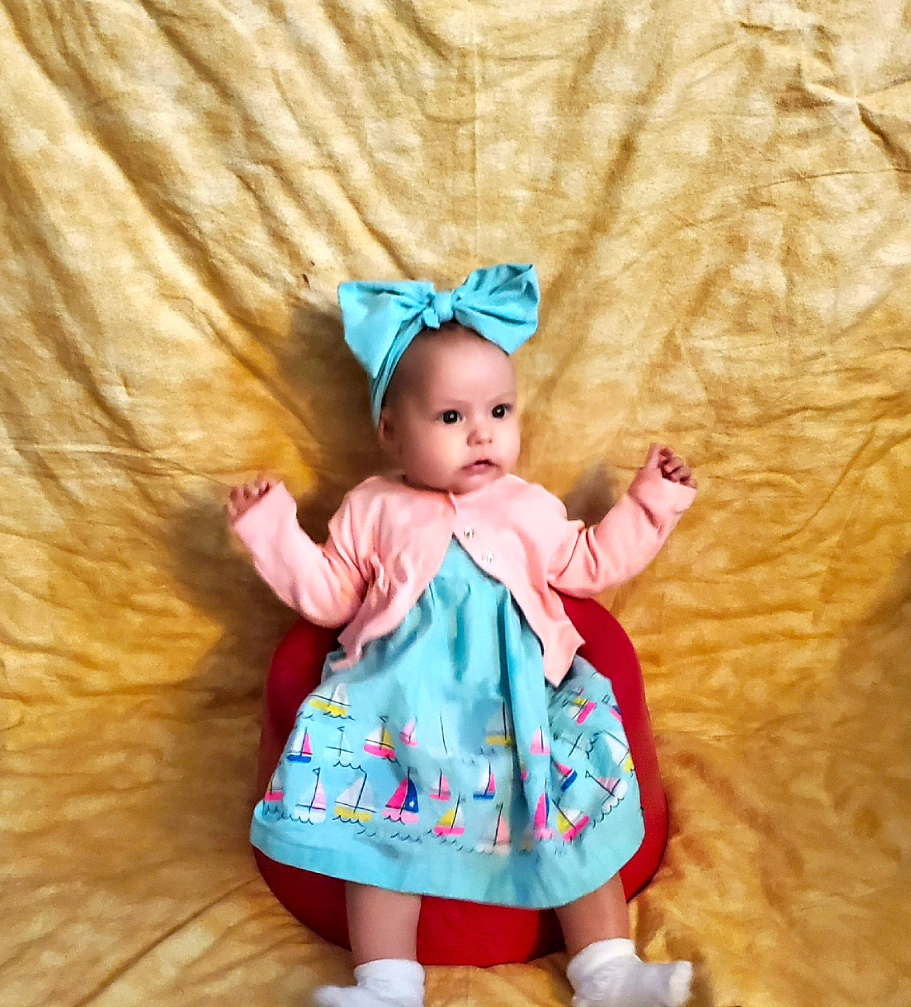 Norah joined the competition — help win amazing prizes! baby, child, child_model, costume, dress, hair_accessory, headgear, pattern, peach, person, photography, pink, toddler, turquoise