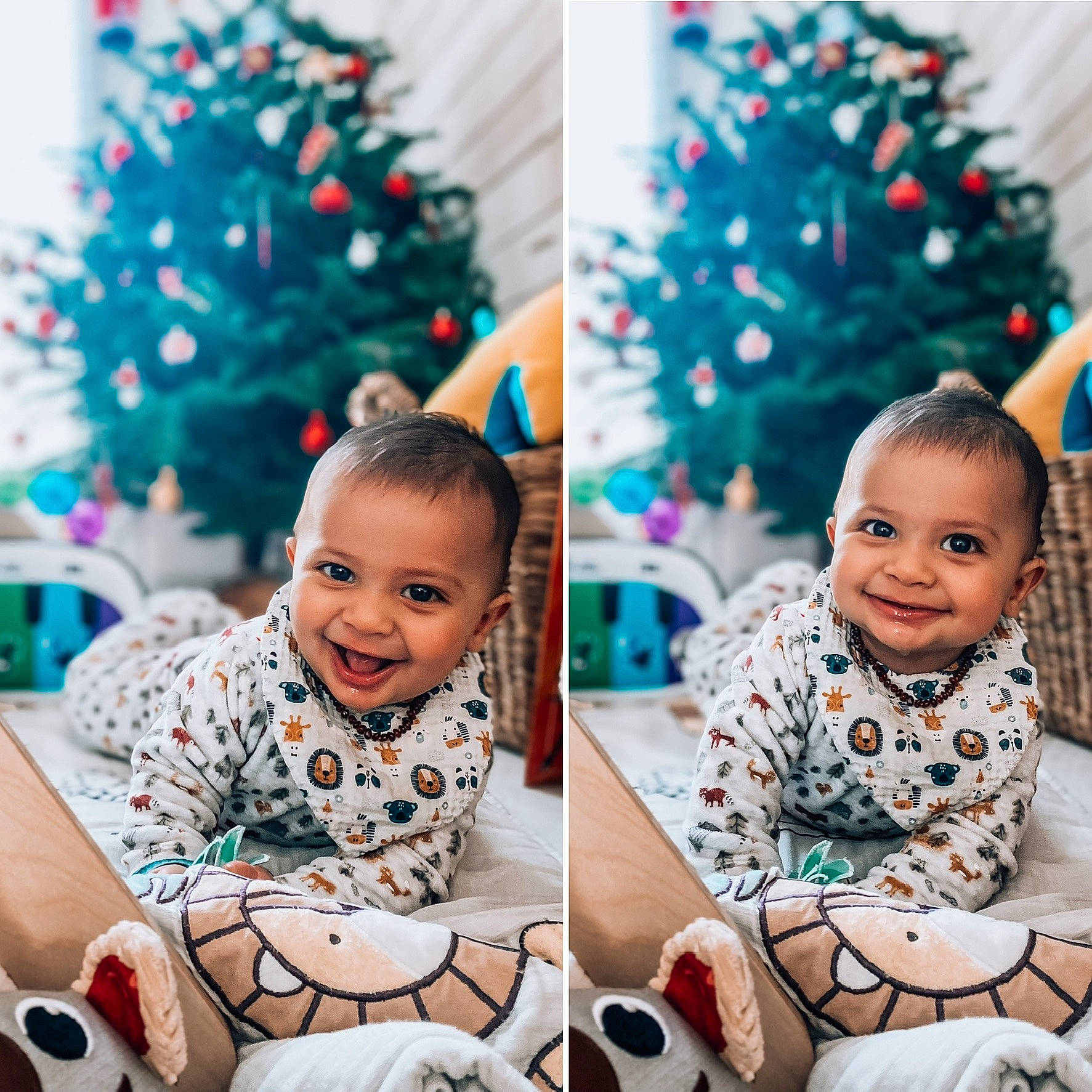 Adam participe au concours pour gagner de l'argent avec cette photo : baby, baby_toddler_clothing, child, christmas, christmas_decoration, christmas_ornament, christmas_tree, event, evergreen, face, facial_expression, happy, holiday, joy, pattern, person, photograph, playing_with_kids, sleeve, smile