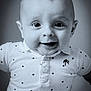 baby, child, portrait, black_and_white, smile, happy, face, eyes, clothing, shirt, polka_dot, cute, infant, young_child, close_up, expression, innocence, joy, head, person