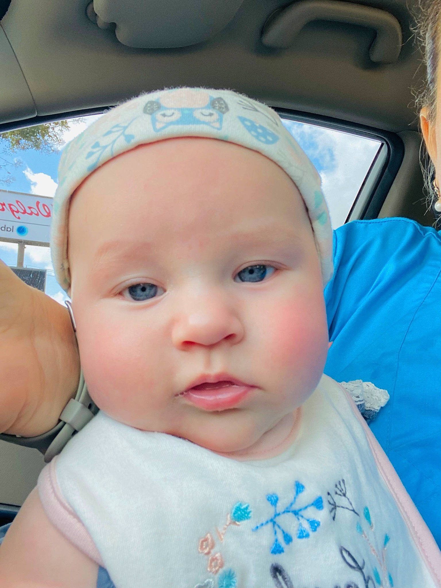Madison is registered to the contest to win money with this photo: baby, baby_toddler_clothing, baseball_cap, blue, cap, cheek, electric_blue, eyebrow, eyelash, fashion_accessory, fun, happy, hat, headgear, headwear, lip, mouth, nose, person, skin