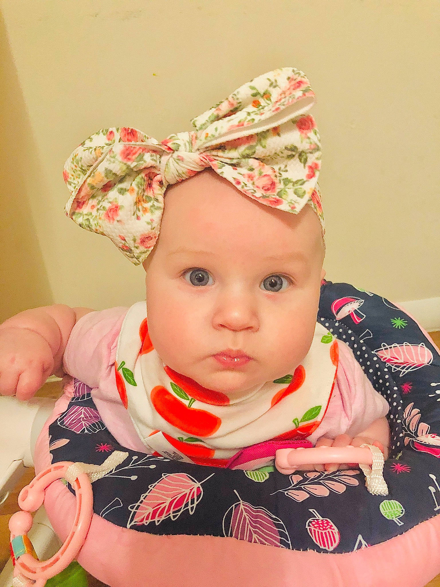 Madison joined the competition — help win amazing prizes! baby, baby_toddler_clothing, cap, cheek, costume_hat, face, fun, hair_accessory, happy, headband, headgear, headpiece, headwear, jewellery, lip, pattern, peach, person, pink, skin