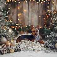 Rosco joined the competition — help win amazing prizes! dog, yorkshire_terrier, christmas_tree, ornaments, pinecones, snow, holiday, festive, lights, winter, decorations, greenery, cozy, indoor, celebration, blurred_background, small_dog, fur, pet, lying_down