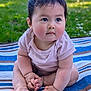 baby, blanket, child, chubby, curious, cute, eyes, face, feet, grass, hands, infant, nature, outdoor, pink_shirt, portrait, sitting, skin, striped_blanket, young_child