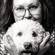 Billy a rejoint le concours — aidez-le/la à gagner de superbes lots ! affection, black_and_white, close_up, curly_fur, cute, dog, face, fluffy_dog, friendly, glasses, hands, happy, heart, hugging, indoors, love, person, pixel_art, portrait, striped_clothing