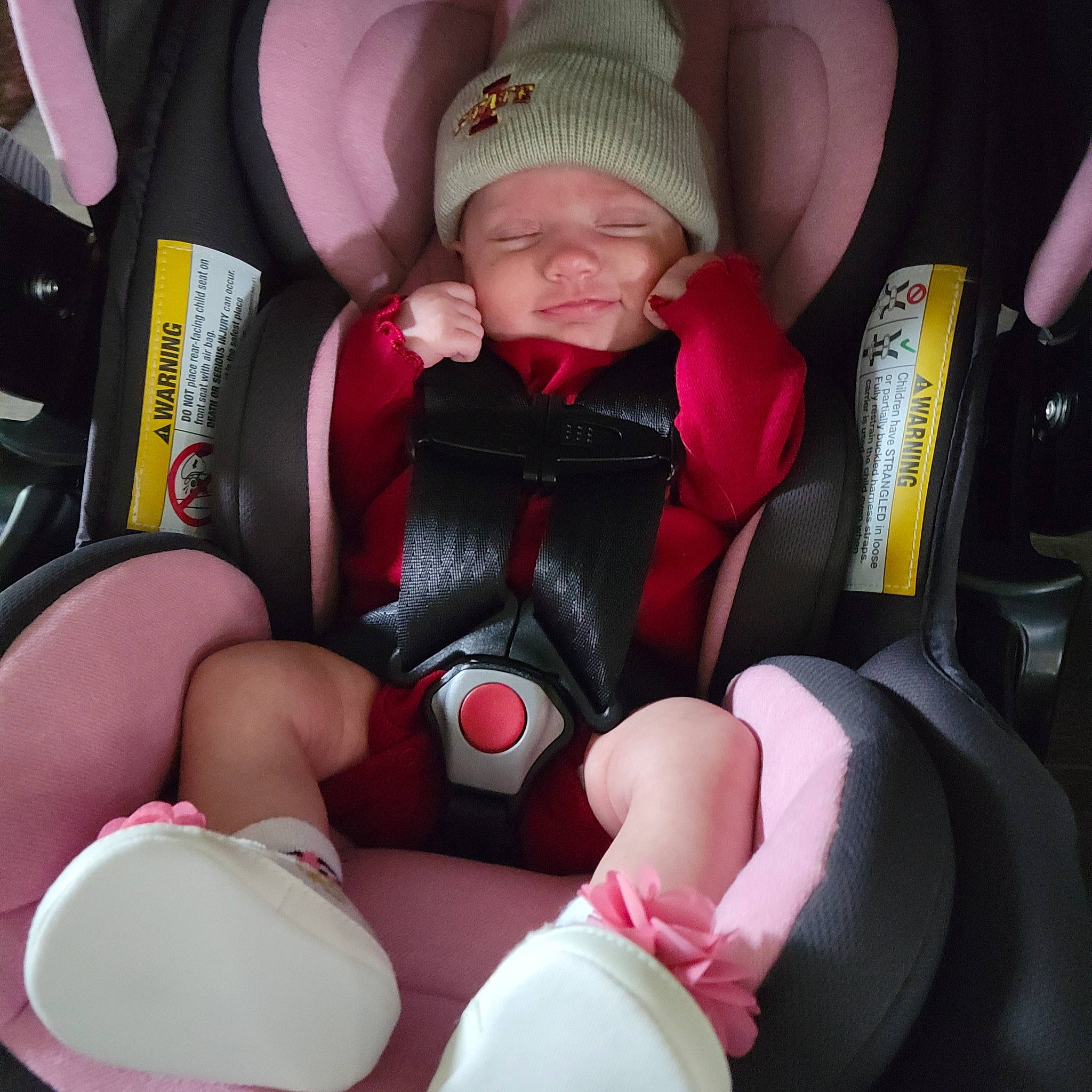 Carolynn is registered to the contest to win money with this photo: auto_part, baby, baby_carriage, baby_in_car_seat, car_seat, car_seat_cover, child, comfort, facial_expression, finger, fun, head_restraint, headwear, human_leg, lap, nail, person, seat_belt, thigh, thumb
