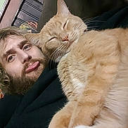 Newman is registered to the contest to win money with this photo: beard, casual, cat, close_up, couch, cozy, facial_expression, feline, friendship, ginger_cat, human, indoor, man, pet, portrait, pout, relaxation, sleeping_cat, snuggling, warmth