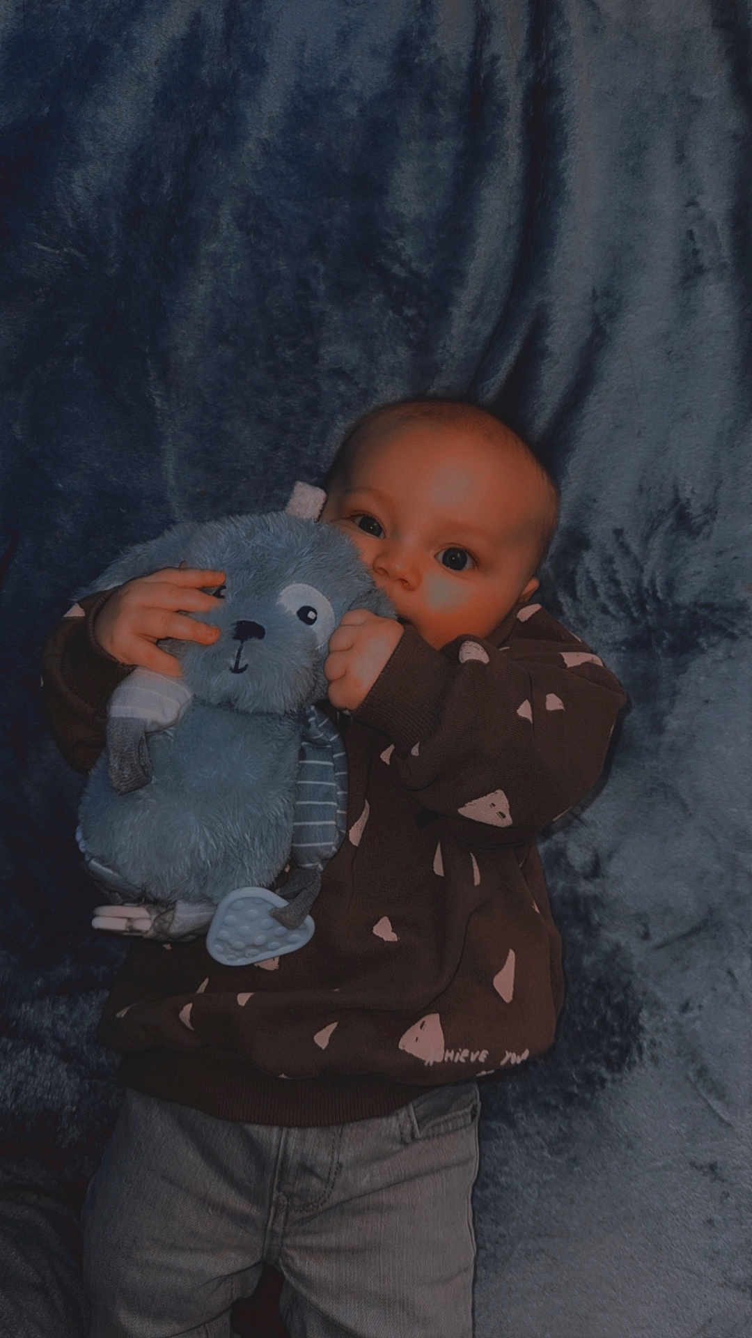 Wylder is registered to the contest to win money with this photo: baby, child, stuffed_animal, toy, blanket, clothing, sweater, jeans, face, person, infant, lying_down, cute, soft_texture, indoor, hands, holding, blue, plush, young