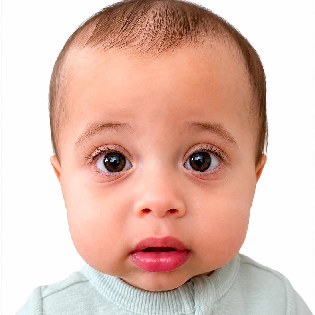 Sebastian is registered to the contest to win money with this photo: baby, background, child, closeup, clothing, curious, cute, expression, eyes, face, gaze, head, infant, innocence, pastel, portrait, skin, soft, studio, young