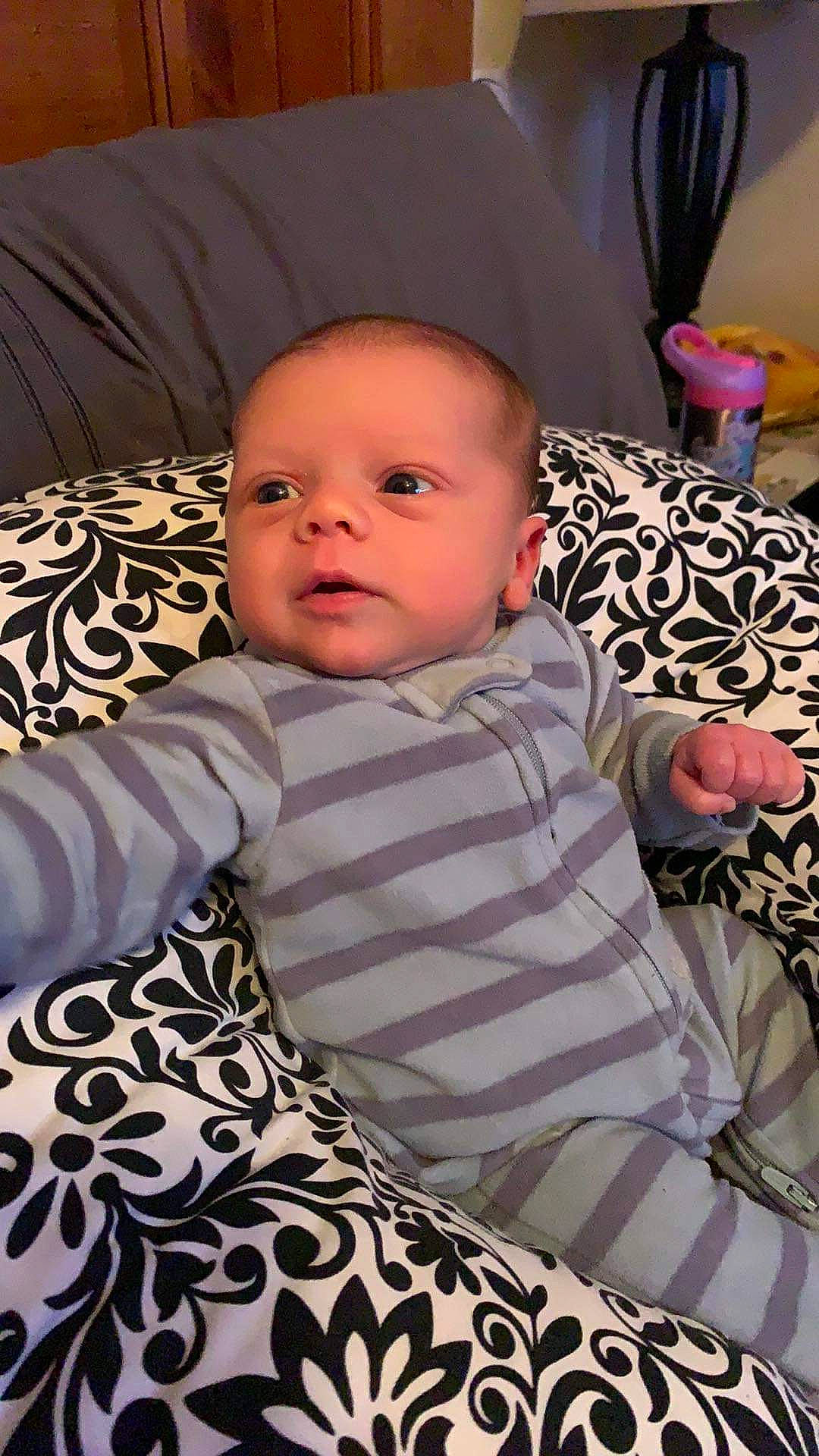 Dayton joined the competition — help win amazing prizes! baby, baby_toddler_clothing, black, cheek, child, comfort, facial_expression, hairstyle, linens, pattern, people, person, pink, product, purple, skin, sleeve, t_shirt, textile, toddler