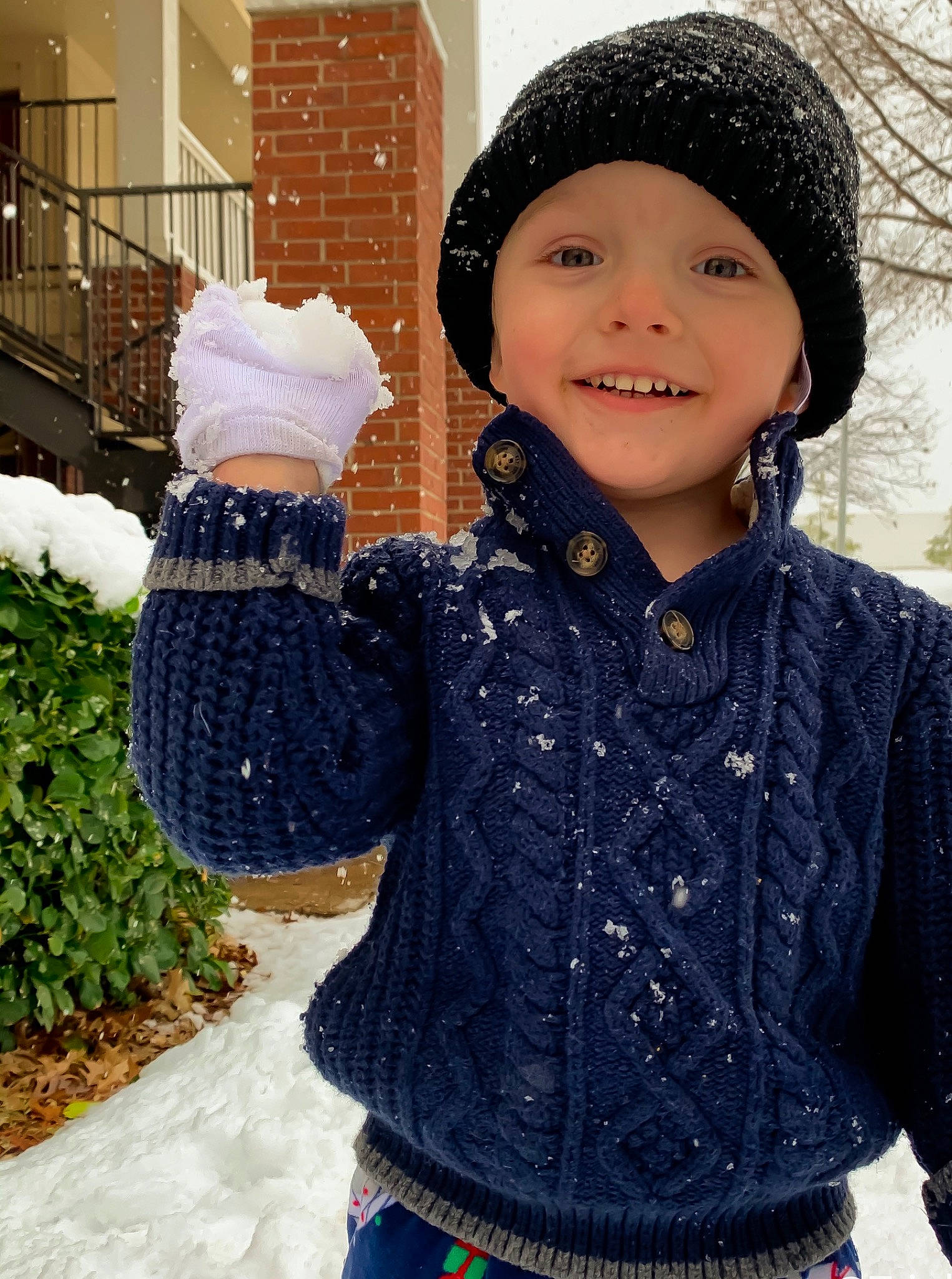 Jaxson Radford joined the competition — help win amazing prizes! baby_toddler_clothing, beanie, bonnet, button, denim, freezing, glove, headgear, headwear, joy, knit_cap, knitting, laugh, person, sleeve, snow, stairs, sweater, textile, toddler