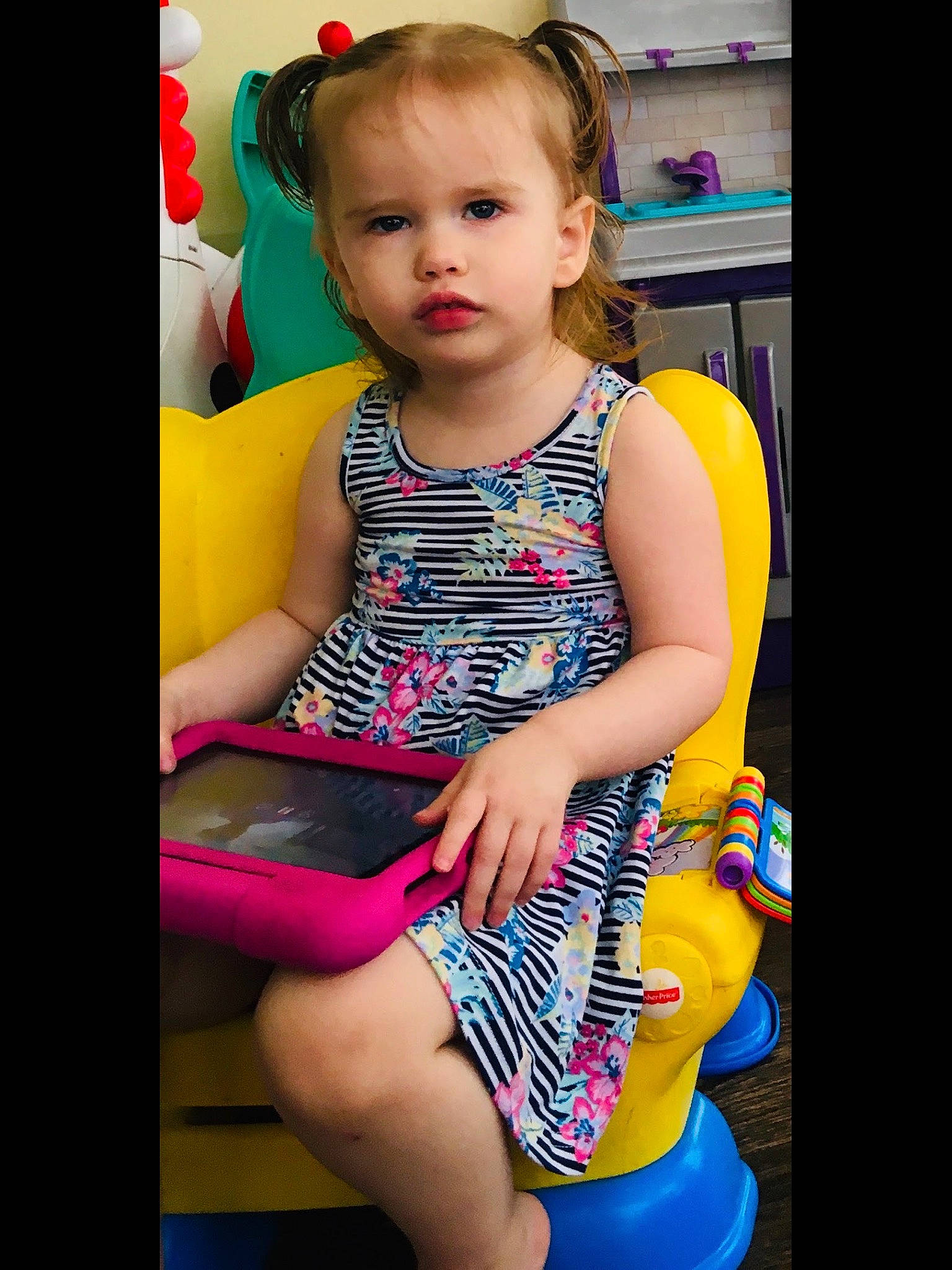 Azlyne joined the competition — help win amazing prizes! baby, baby_toddler_clothing, child, electric_blue, fun, happy, human_leg, knee, leisure, magenta, neck, pattern, person, play, sitting, skin, sleeve, smile, t_shirt, thigh