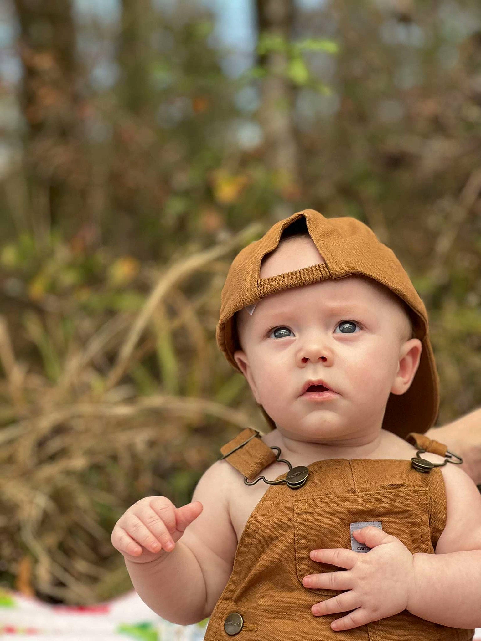 Colby is registered to the contest to win money with this photo: baby, baby_toddler_clothing, cap, cheek, chin, finger, gesture, grass, happy, hat, headwear, lip, mammal, nose, people_in_nature, person, plant, recreation, skin, sleeve