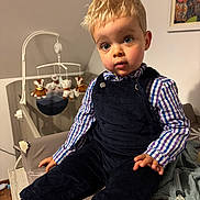 Louis participe au concours pour gagner de l'argent avec cette photo : toddler, child, blue_eyes, blonde_hair, checkered_shirt, overalls, indoor, nursery, crib, plush_toys, furniture, curious_expression, padded_surface, socks, shoes, hand, portrait, young_child, cute, home
