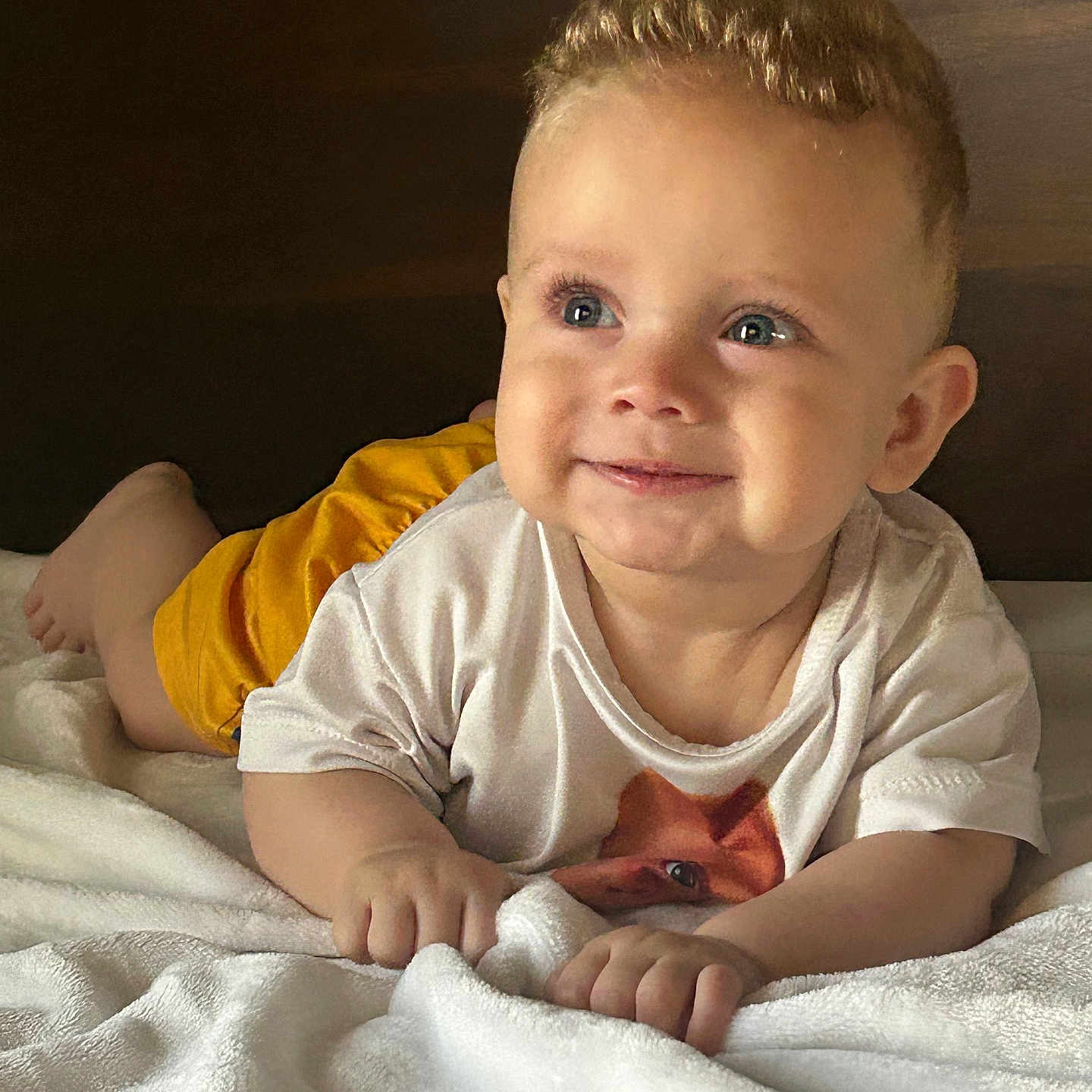 Rafael Mejia is registered to the contest to win money with this photo: baby, child, infant, smiling, happy, portrait, lying_down, blanket, white_blanket, yellow_clothing, fox_shirt, blue_eyes, brown_hair, face, hands, feet, indoor, cozy, warm_lighting, close_up