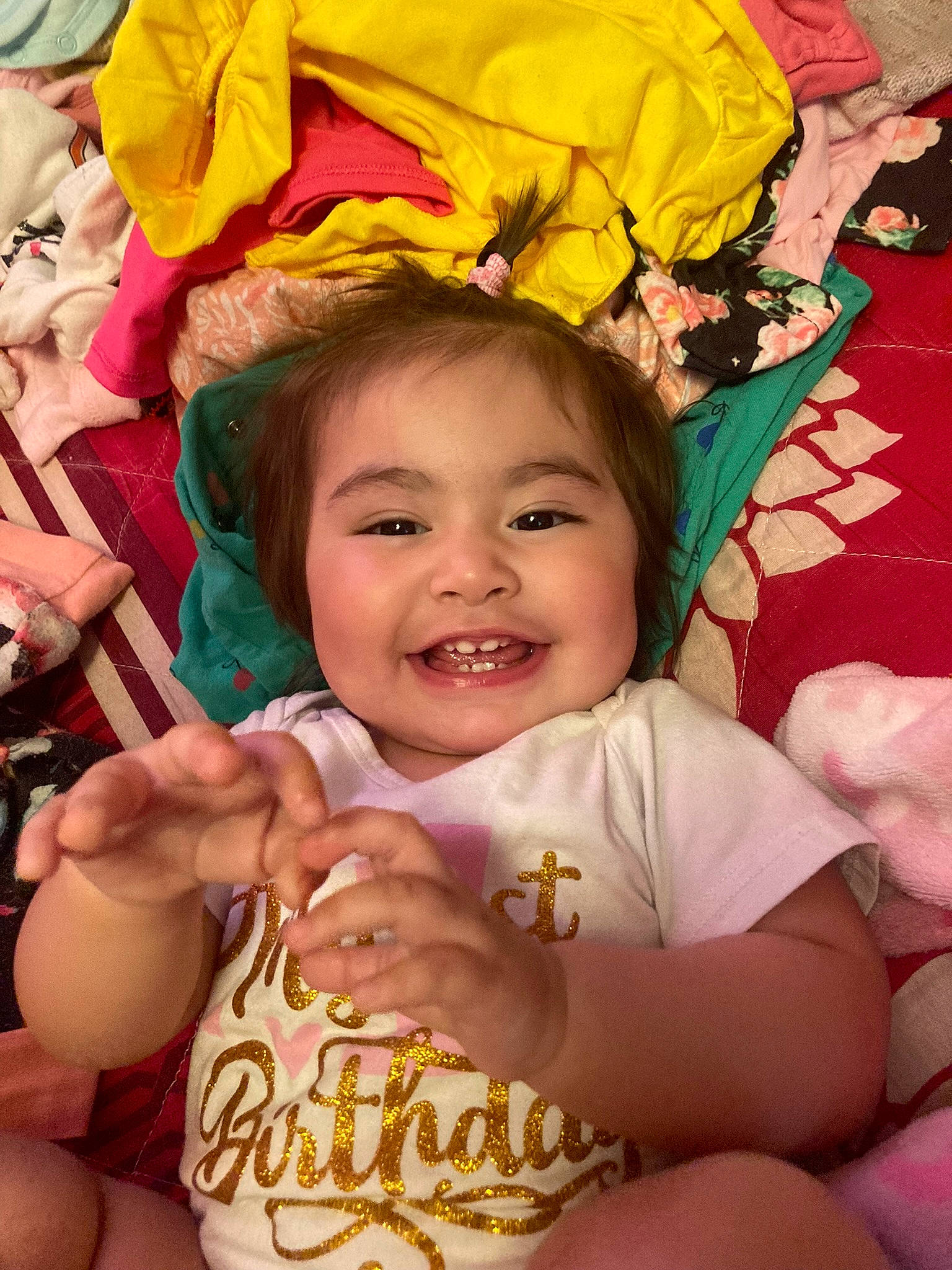 Maria joined the competition — help win amazing prizes! arm, baby_toddler_clothing, cheek, eye, facial_expression, finger, gesture, green, hairstyle, hand, happy, head, joy, mouth, organ, people_in_nature, person, pink, product, skin