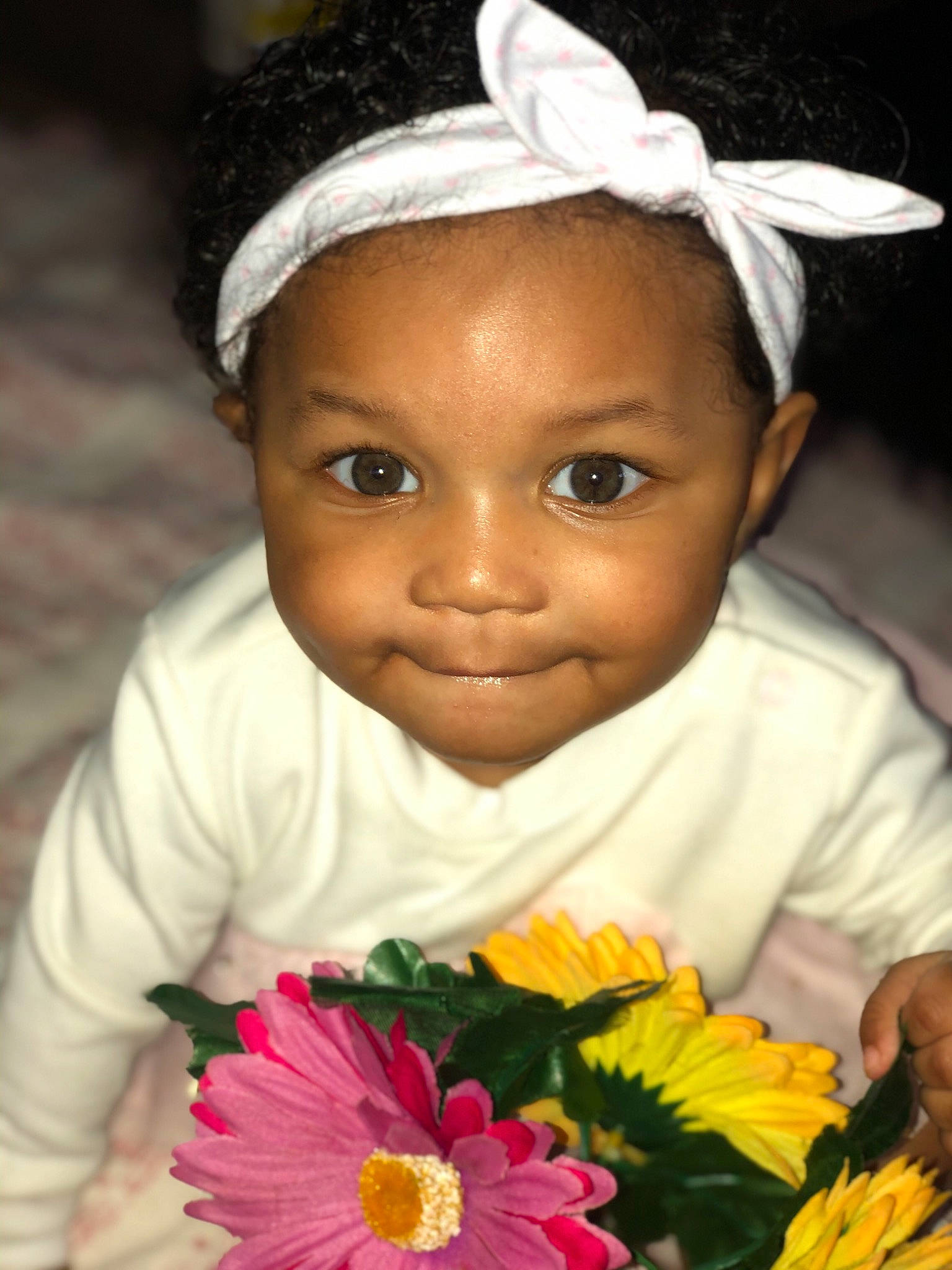 Amiyah Jade joined the competition — help win amazing prizes! baby, cheek, child, flower, hair_accessory, head, headband, person, pink, plant, smile, toddler
