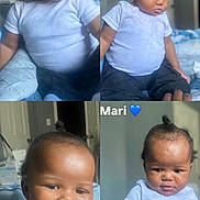 Zahmari is registered to the contest to win money with this photo: baby, child, collage, indoor, blue_shirt, dark_pants, smiling, serious, sitting, person, cute, portrait, infant, expression, hand, hair, room, door, light, baby_photography