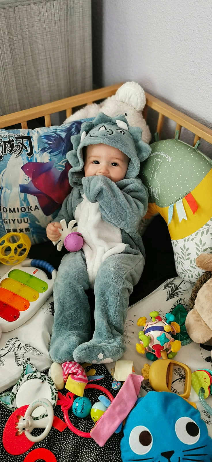 Arès a rejoint le concours — aidez-le/la à gagner de superbes lots ! baby, child, dinosaur_onesie, plush_toy, colorful_toys, crib, pillow, cute, indoor, soft_toys, playtime, smiling, hand_in_mouth, infant, stuffed_animal, floor_mat, cozy, comfort, young_child, playroom