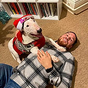 Max is registered to the contest to win money with this photo: dog, man, carpet, santa_hat, sweater, indoor, bookshelf, books, smiling, happy, casual_clothing, beard, plaid_shirt, watch, paw, embrace, home, floor, festive, relaxing