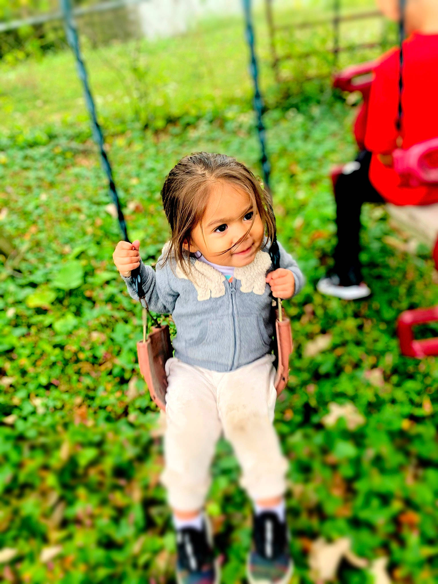 Adelina is registered to the contest to win money with this photo: baby, child, fun, grass, happy, leisure, mammal, natural_environment, nature, people, people_in_nature, person, plant, product, recreation, smile, snapshot, summer, swing, toddler