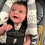 baby, infant, car_seat, harness, smile, happy, face, blue_eyes, clothing, pattern, clouds, ant, seatbelt, child, young, cute, safety, infant_clothing, car, comfort