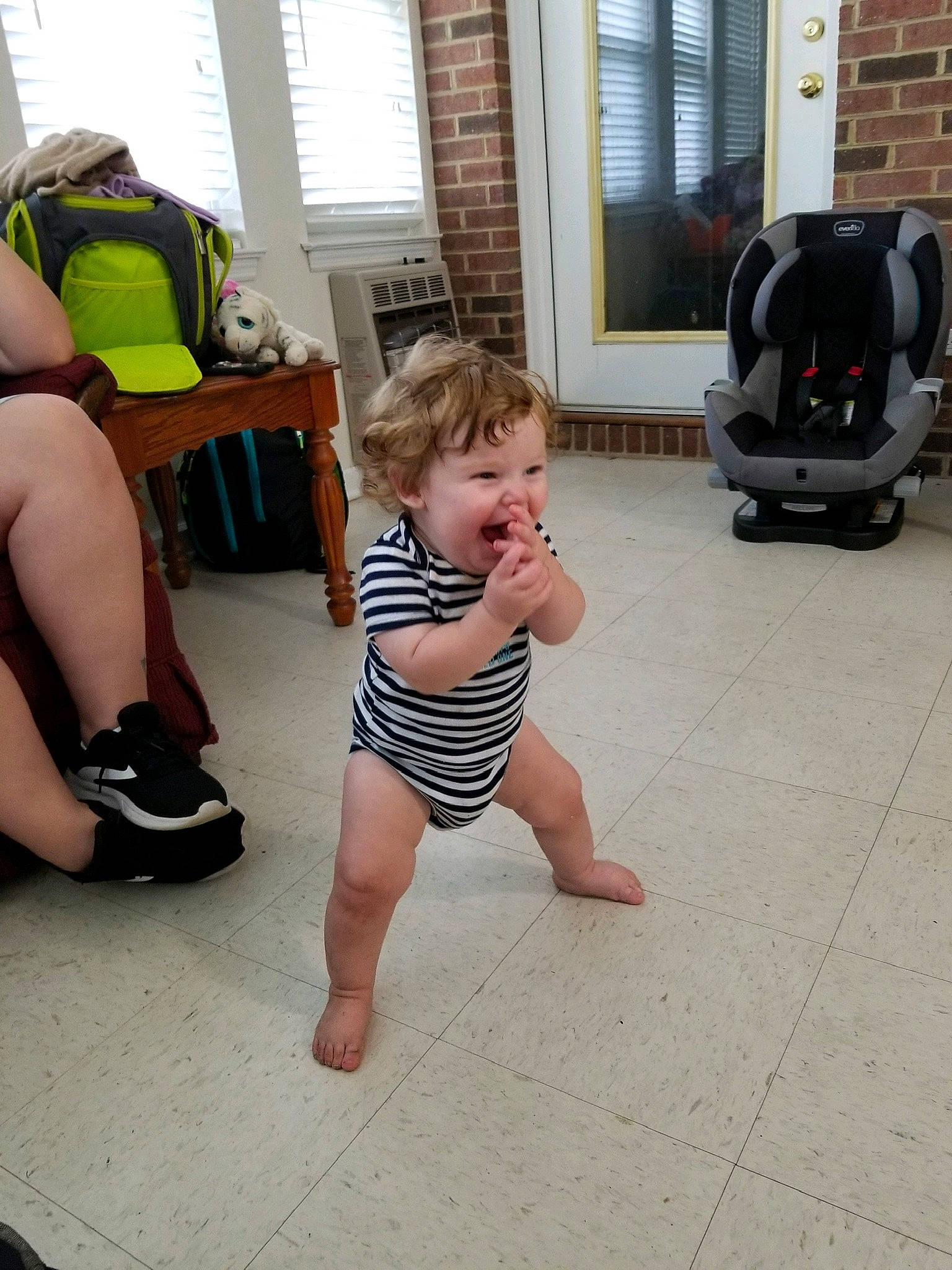 Gary is registered to the contest to win money with this photo: baby, barefoot, child, floor, flooring, foot, human_leg, leg, person, play, thigh, toddler, vacation
