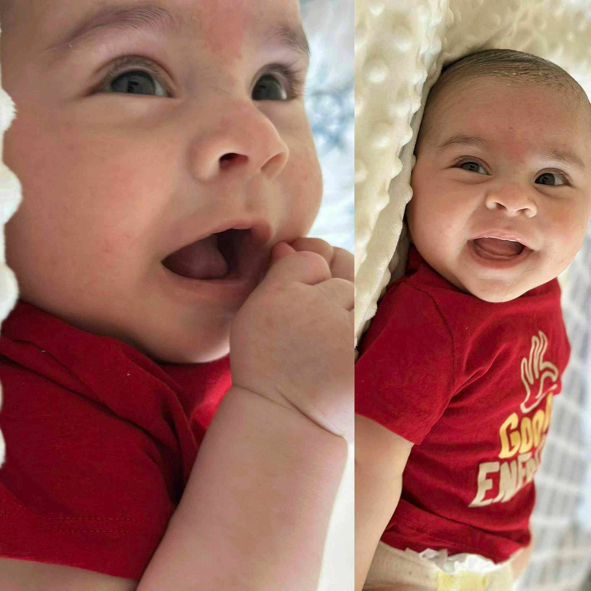 Mehdi participe au concours pour gagner de l'argent avec cette photo : baby, blanket, child, closeup, cute, expression, face, hand, happy, indoors, infant, lying_down, person, portrait, red_shirt, skin, smiling, soft_texture, toddler, young_child