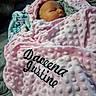 newborn, baby, blanket, pink_blanket, embroidered_text, sleeping, bed, cozy, soft_texture, infant, wrapped, person, cute, resting, fabric, textile, indoor, portrait, peaceful, child