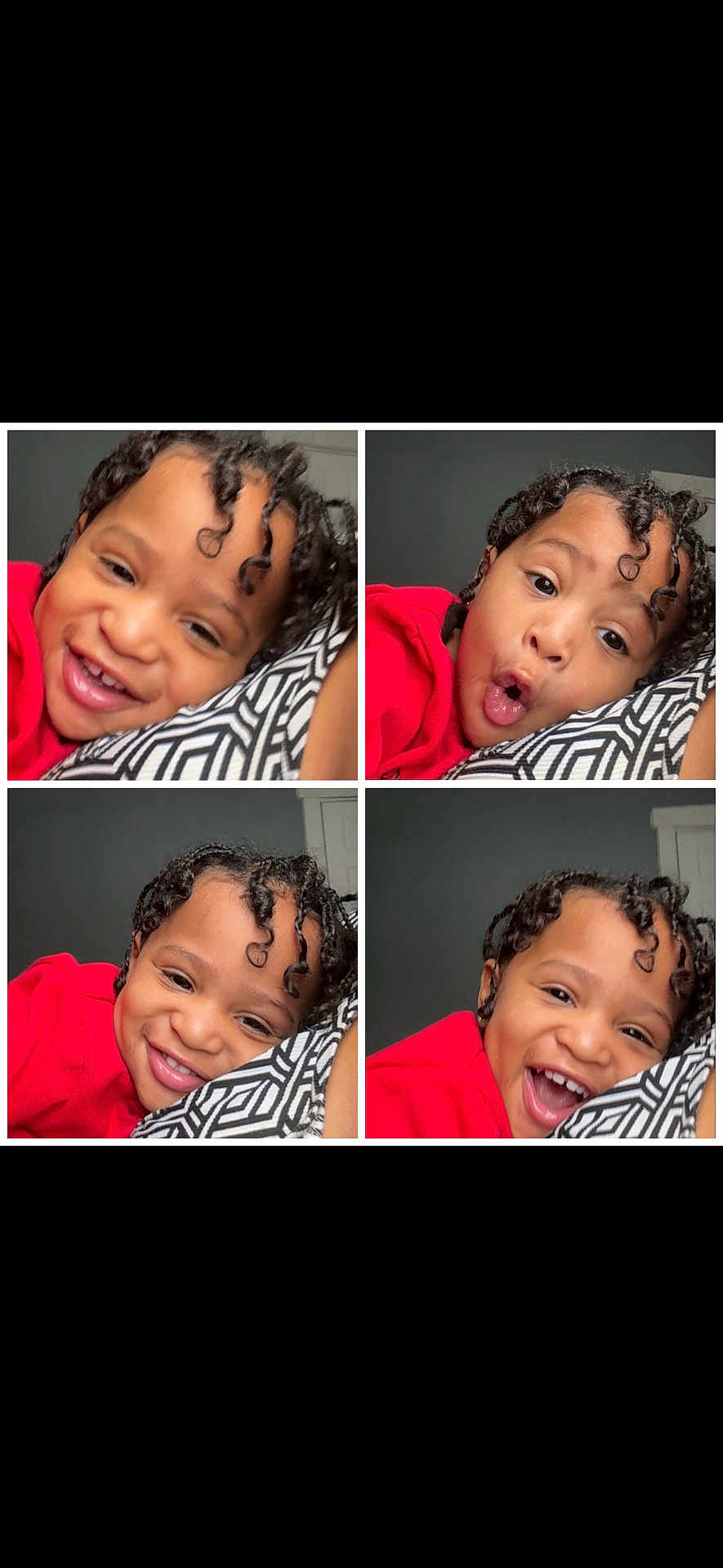 Jaciere joined the competition — help win amazing prizes! child, curly_hair, red_shirt, smiling, playful, collage, four_photos, cushion, patterned_fabric, indoor, portrait, happy, resting, young, face, expression, head, person, casual, cozy