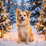 Brody is registered to the contest to win money with this photo: dog, snow, winter, christmas_tree, lantern, lights, outdoor, animal, pet, holiday, festive, smiling, fur, nature, seasonal, cute, happy, canine, decoration, cold