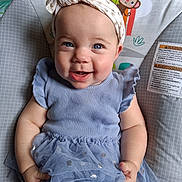 Everly Wilkinson joined the competition — help win amazing prizes! baby, baby_seat, blue_eyes, child, clothing, cute, dress, face, happy, headband, indoor, infant, monkey, pattern, person, portrait, sitting, smiling, sun, tulle_skirt