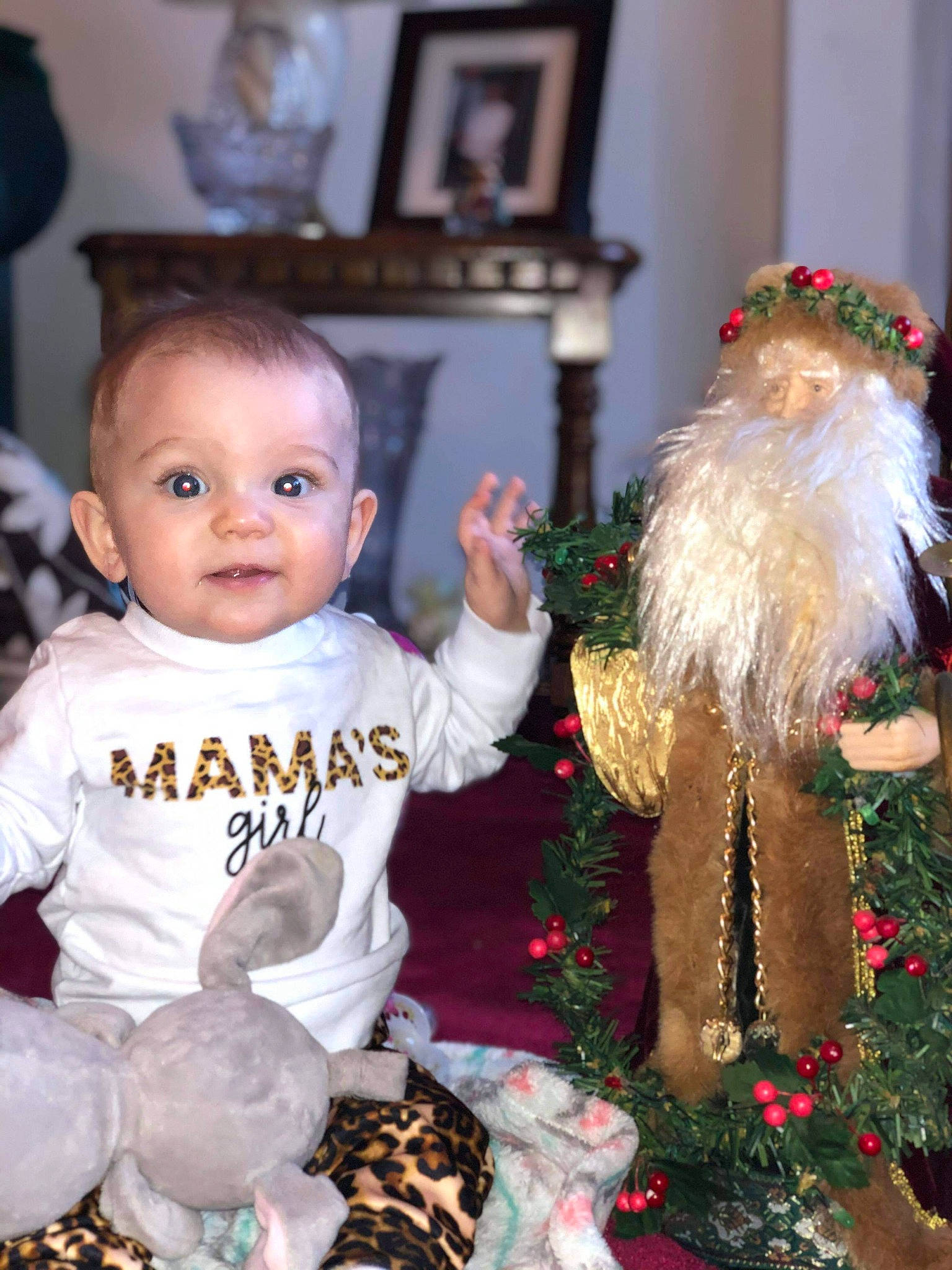 Jazmine joined the competition — help win amazing prizes! baby, baby_toddler_clothing, beard, christmas, christmas_decoration, christmas_eve, costume_accessory, costume_hat, facial_hair, fictional_character, head, holiday, interior_design, ornament, party_supply, person, picture_frame, santa_claus, toddler, toy