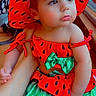baby, bright_colors, child, clothing, cute, expression, face, fashion, hand, hat, indoor, looking_away, person, portrait, red_hat, sitting, skin, toddler, watermelon_outfit, young_child