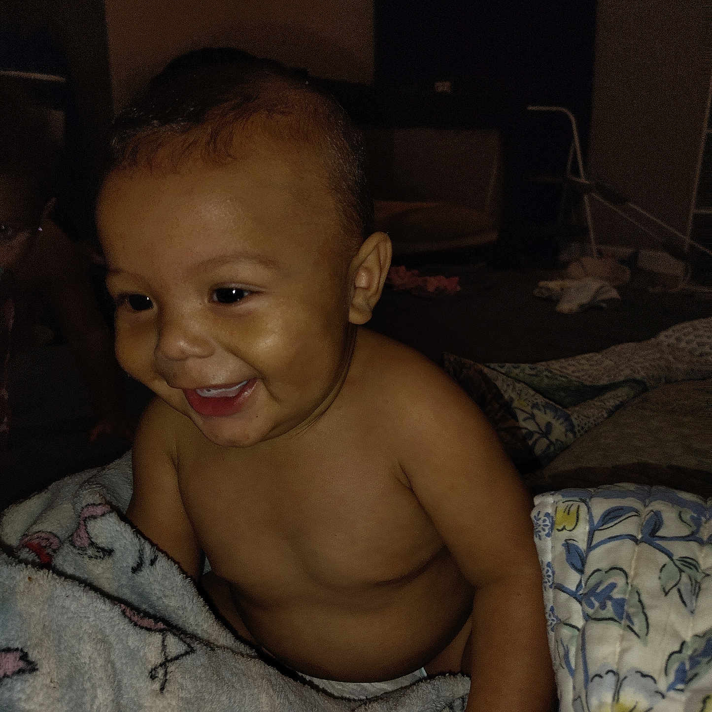 Andree' joined the competition — help win amazing prizes! baby, bed, blanket, child, comfort, cozy, cute, expression, face, happy, home, indoor, infant, person, playful, portrait, skin, smiling, toddler, young