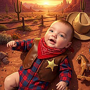 Efrain joined the competition — help win amazing prizes! baby, cowboy, desert, sunset, cactus, bandana, boots, sheriff_badge, toy_horse, rope, hat, plains, rocks, fence, smiling, child, outdoor, western, clothing, portrait