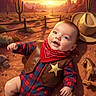 baby, cowboy, desert, sunset, cactus, bandana, boots, sheriff_badge, toy_horse, rope, hat, plains, rocks, fence, smiling, child, outdoor, western, clothing, portrait