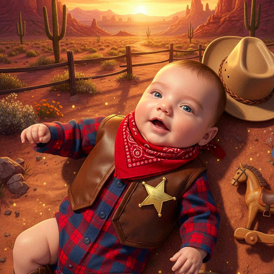 Efrain joined the competition — help win amazing prizes! baby, cowboy, desert, sunset, cactus, bandana, boots, sheriff_badge, toy_horse, rope, hat, plains, rocks, fence, smiling, child, outdoor, western, clothing, portrait