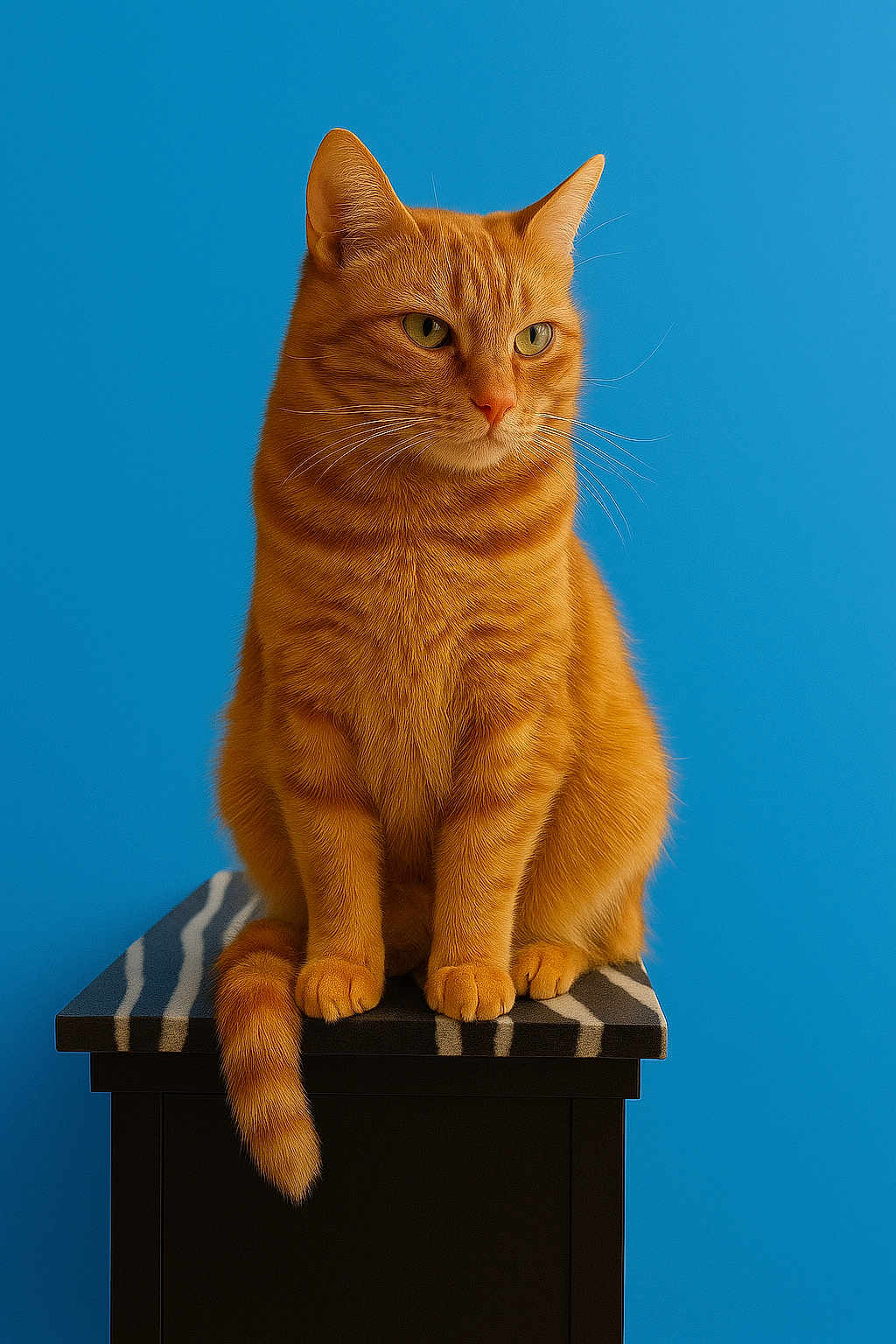 Kaya participe au concours pour gagner de l'argent avec cette photo : cat, orange_tabby, pet, feline, animal, sitting, portrait, indoor, striped, fur, whiskers, ears, tail, paw, black_pedestal, blue_background, calm, focused, closeup, domestic_cat
