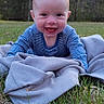 baby, blanket, blue_striped_onesie, cute, daylight, early_spring, face, grass, happy, head, infant, leafless_tree, nature, outdoor, person, playtime, smiling, toddler, tree, young_child