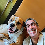 Biggie is registered to the contest to win money with this photo: bed, canine, casual, cozy, dog, friendship, fur, happy, headboard, human, indoor, light, man, pet, portrait, relaxing, resting, skin, smiling, together