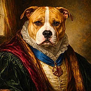 Biggie joined the competition — help win amazing prizes! dog, portrait, regal, renaissance_style, royal_clothing, ruffled_collar, medal, brown_and_white, dressed_up, costume, formal, indoor, painting_style, classical, historical, noble, serious_expression, artistic, fancy, animal