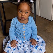 Arkia participe au concours pour gagner de l'argent avec cette photo : toddler, child, indoor, floor, blue_cardigan, butterfly_skirt, hair_buns, hair_clips, socks, wooden_floor, table, sofa, cushions, curious, serious_expression, person, young_child, casual_clothing, home, portrait