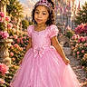 child, girl, princess, pink_dress, tiara, flowers, garden, castle, pathway, roses, curly_hair, portrait, outdoor, sunset, fantasy, smiling, dress, flower_bed, magic, young