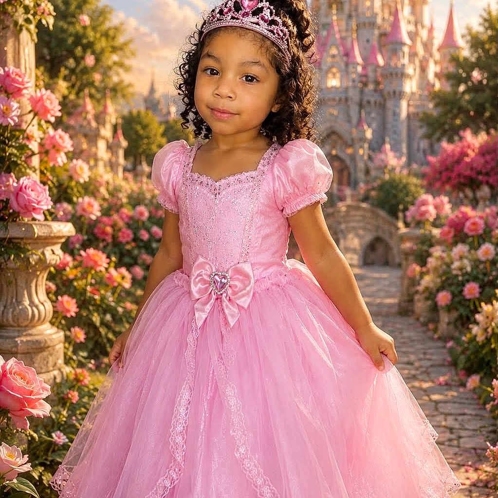 Akari joined the competition — help win amazing prizes! child, girl, princess, pink_dress, tiara, flowers, garden, castle, pathway, roses, curly_hair, portrait, outdoor, sunset, fantasy, smiling, dress, flower_bed, magic, young