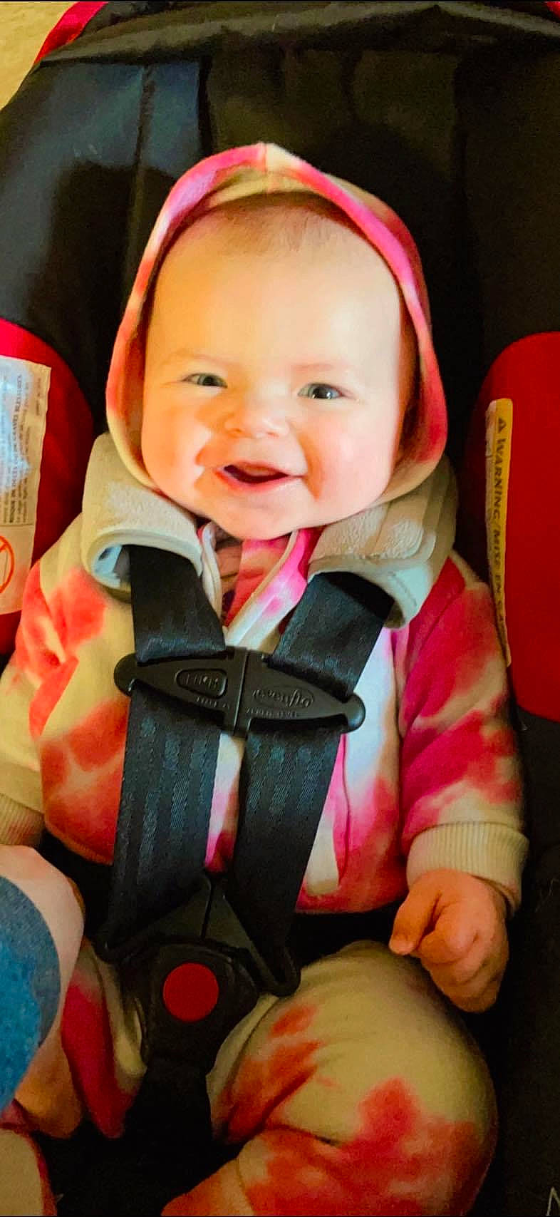 Maddie is registered to the contest to win money with this photo: baby, baby_carriage, baby_in_car_seat, baby_products, baby_toddler_clothing, cheek, child, collar, comfort, eye, face, finger, fun, happy, iris, person, pink, skin, sleeve, smile